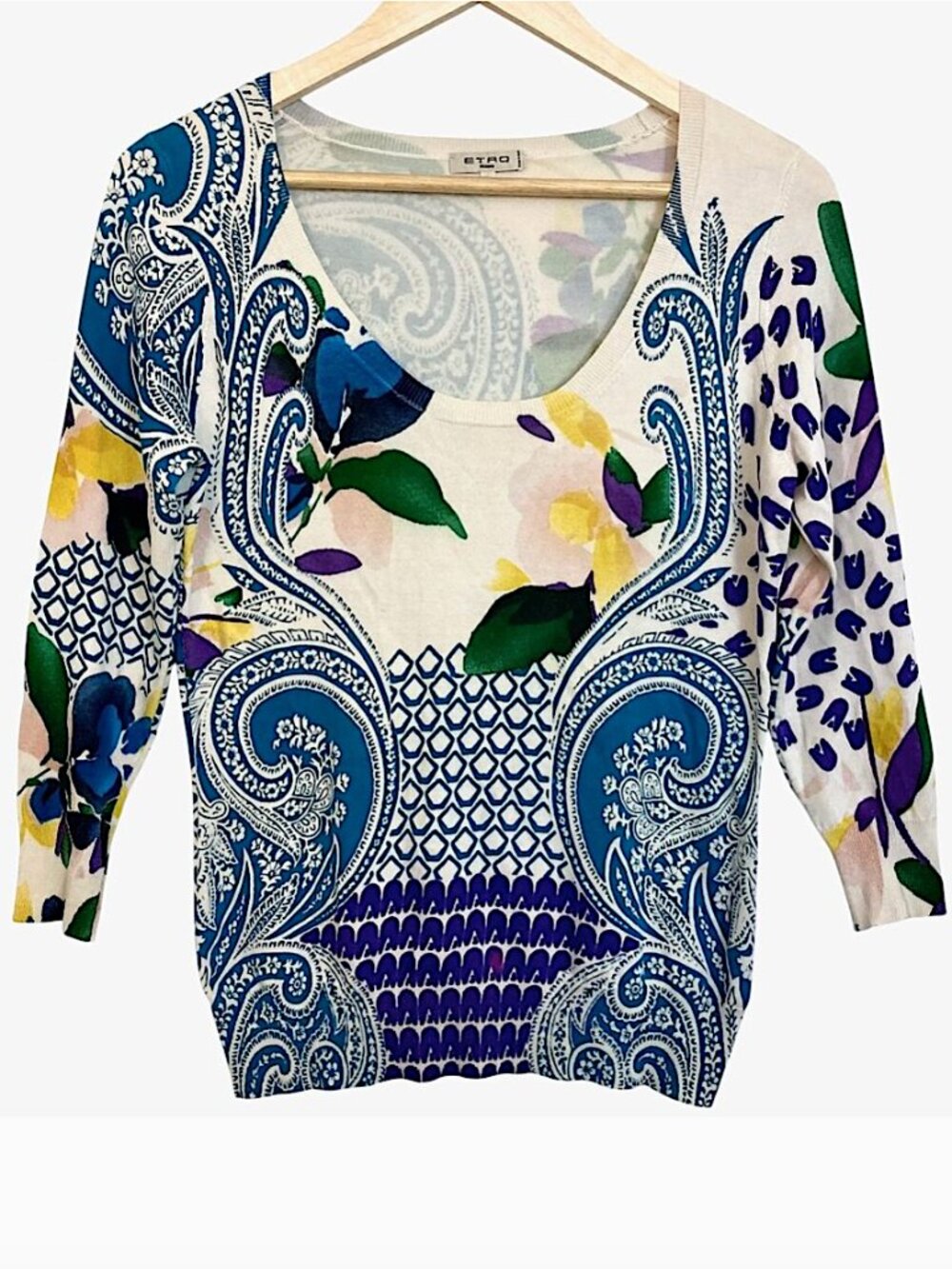ETRO Floral Silk Scoop Neck Sweater Knit Pullover 3/4 Sleeve Designer Italy